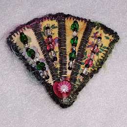 Yellow, Black, Pink Fan Beaded Art Quilt Pin, Pendant,  Sue Andrus
